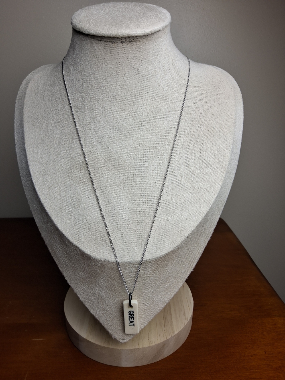 GREAT Engraved White Pendant Necklace on Silver Chain